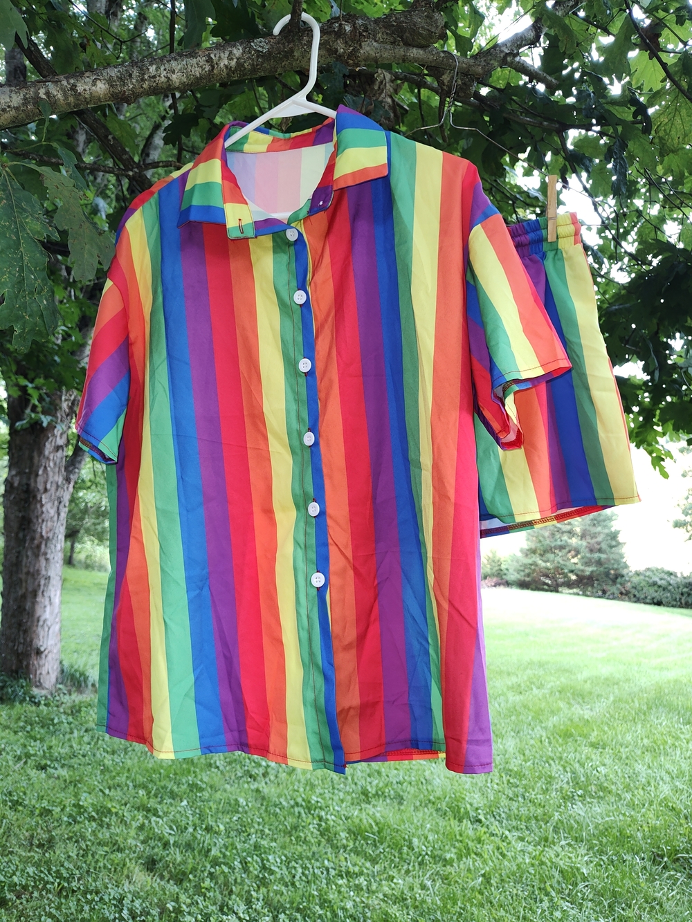 Rainbow Stripe Short-Sleeve Button-Up Shirt With Matching Short Set- Multicolor